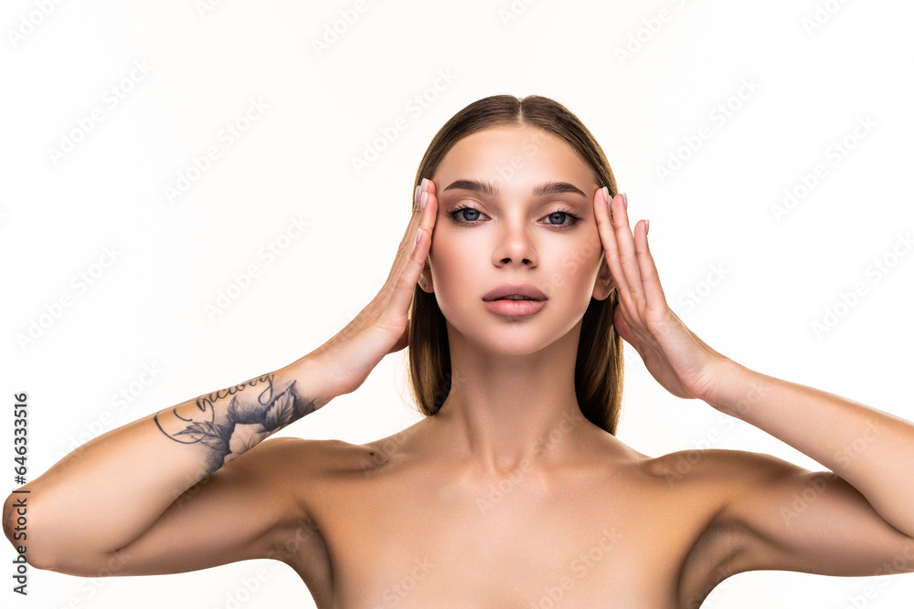 Young woman portrait, skin care concept, beautiful skin and hands with manicure nails. Young woman portrait, skin care concept, beautiful skin and hands with manicure nails.