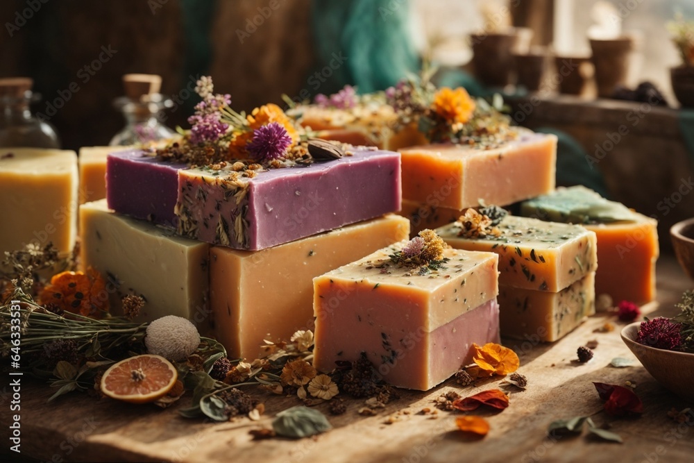 Natural handmade soap bars with aromatic herbs and dried flowers on wooden background Natural handmade soap bars with aromatic herbs and dried flowers on wooden background