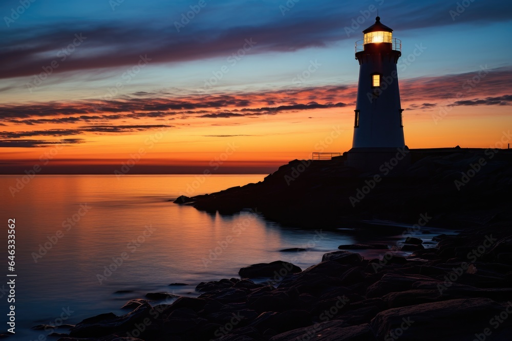 Lighthouse on the seashore at sunset.
