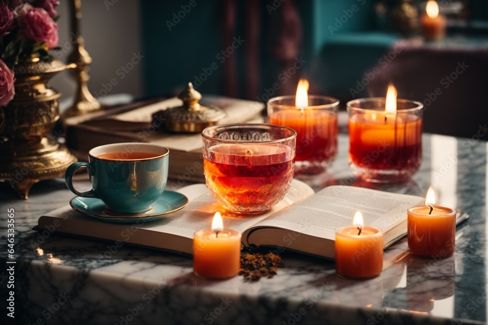 Beautiful spa composition with burning candles on table in bathroom, closeup