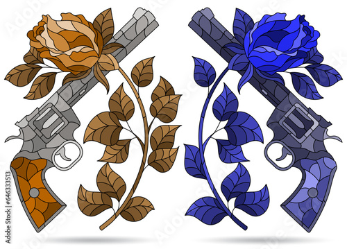 A set of illustrations in the style of stained glass with compositions of revolvers and roses, isolated on a white background, tone blue and brown