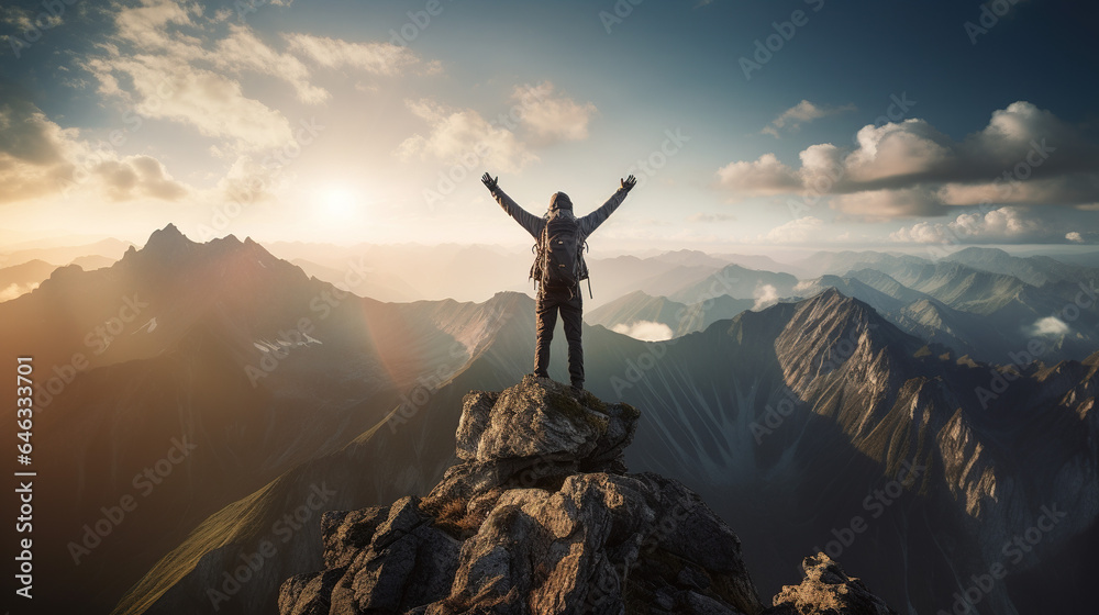 A Male Hiker on a Mountain Peak, Revelling in the Splendour of Nature's Beauty A Male Hiker on a Mountain Peak, Revelling in the Splendour of Nature's Beauty