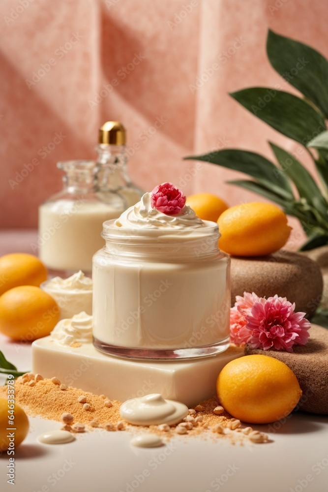 Cosmetic cream with fresh oranges and flowers on a turquoise background
Cosmetic cream with fresh oranges and flowers on a turquoise background
