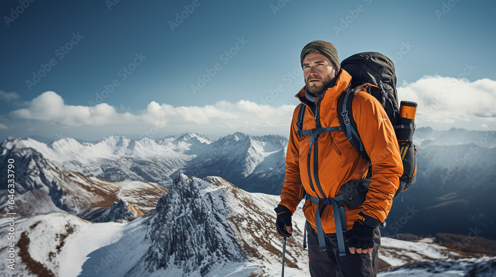 A Male Hiker on a Mountain Peak, Revelling in the Splendour of Nature's Beauty