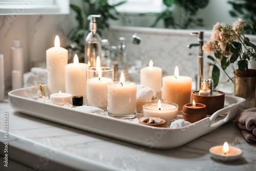 Beautiful spa composition with burning candles on table in bathroom, closeup