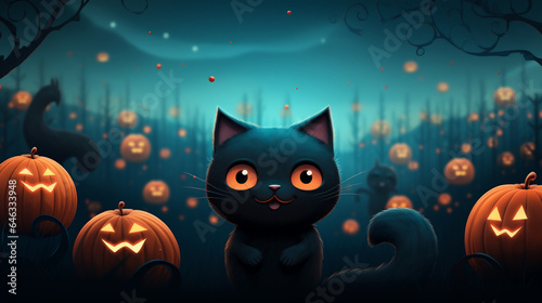 Halloween background with black cat and pumpkins