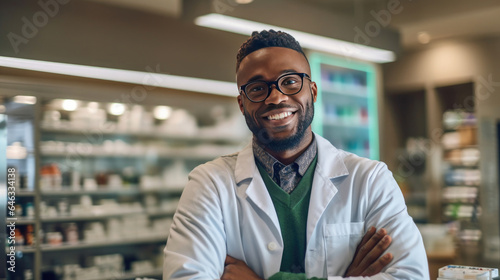 Professional Confident Black Pharmacist Wearing Lab Coat and Glasses, Crosses Arms and Looks at Camera Smiling Charmingly in a pharmacy store. Generative Ai