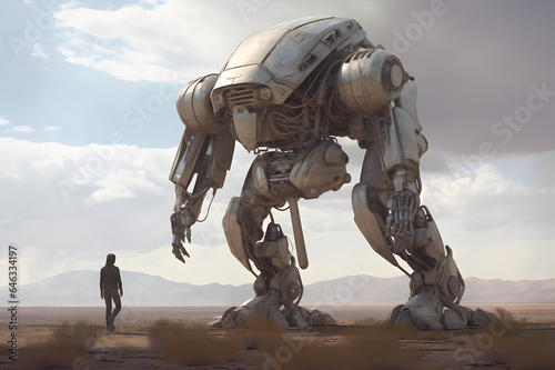 A huge robot looks at a person in a field, in nature, illustration © Olga