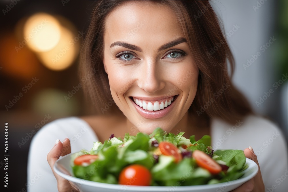 smiling woman holding a bowl of salad smiling woman holding a bowl of salad