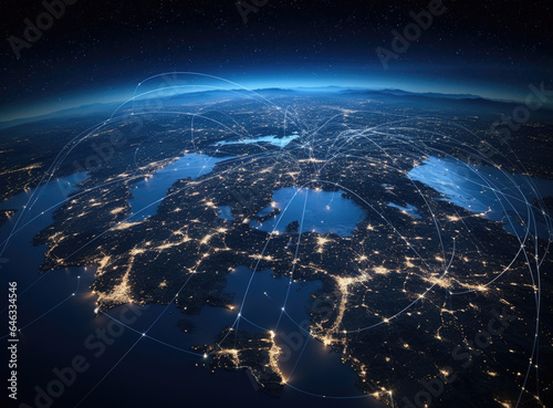Telecommunication network above North America from space by night with city lights, satellite orbiting Planet Earth for Internet of Things IoT and blockchain technology