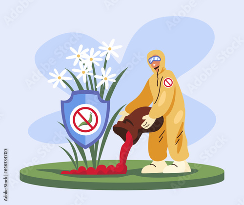 Worker pours poison against slugs near bush with flowers. Disinfection of plants from pests. Flat vector illustration in cartoon style and blue and red colors