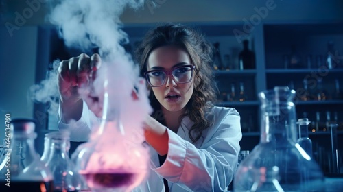 Surprised female scientist conducts experiment with test tubes and liquid. Research scientist pours the liquid into a beaker and looks at the chemical and biological reaction.
