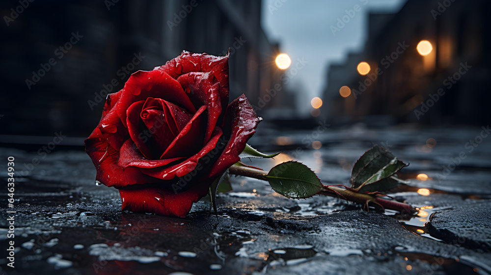 Solitary Red Rose on City Street Floor, Vibrant Petals Symbolizinga symbol of love or loss in a moody urban setting. Broken Romance Concept. 
