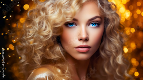 beauty blond young woman with curly hair on golden glitter background. hairstyle concept. free space