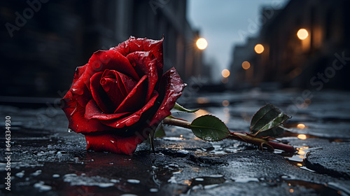 Fotografia Solitary Red Rose on City Street Floor, Vibrant Petals Symbolizing Solitude and Sentiment