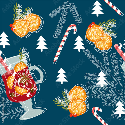 Vector seamless pattern with Mulled wine in flat design. Orange slices, Anise, Cinnamon, Clove, Candy cane. Autumn and winter holidays Hot drink. Christmas template for Textile, Banner, Decor.