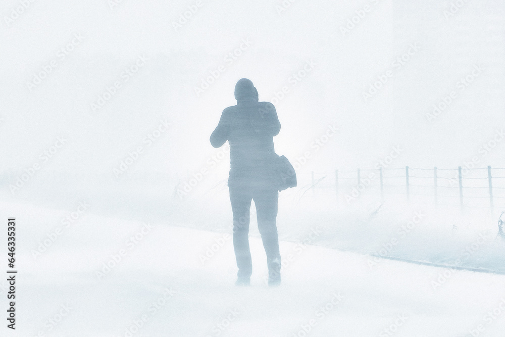 A snowstorm in the city. People are walking down the street during a snowstorm. Strong wind and snowfall. Arctic climate.. A snowstorm in the city. People are walking down the street during a snowstorm. Strong wind and snowfall. Arctic climate..