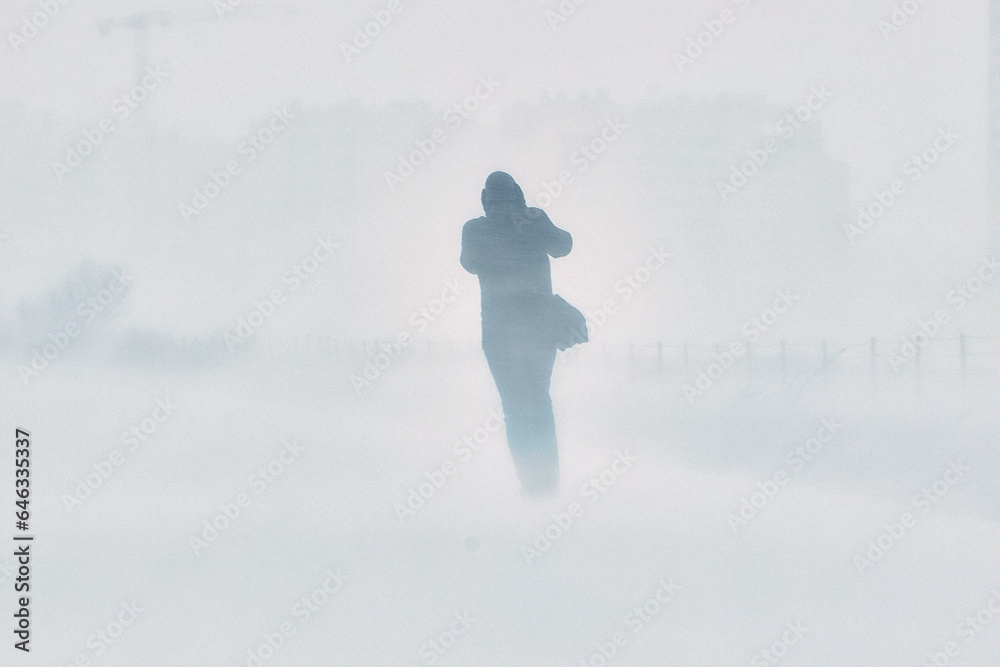 A snowstorm. People walk down the street during a snowstorm. Heavy snowfall. against the background of a cold urban landscape. A snowstorm. People walk down the street during a snowstorm. Heavy snowfall. against the background of a cold urban landscape.