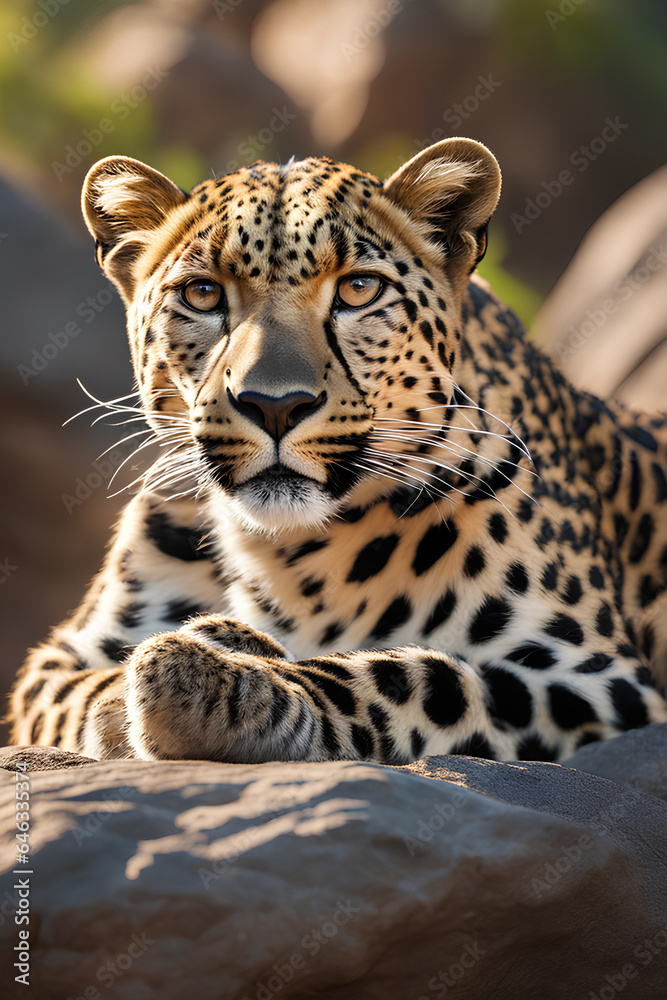 Obraz premium a leopard taking rest on the rock. Generated by AI tools.