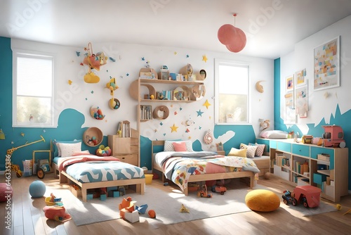 3D rendering of a kids' room that balances simplicity with playfulness. Showcase colorful toy storage, playful wall decals, and a simple bed frame for a room that's fun and functional