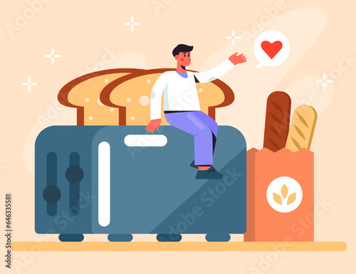 Happy American man sitting on toaster and waiting for fresh toasts. Bread baking process at home concept. Vector Illustration in cartoon style in blue and orange colors