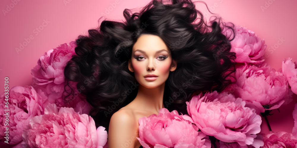 brunette with gorgeous voluminous long dense hair surrounded pionies. hair dye, hairstyle, haircare