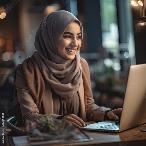 Joyful Woman Smiling, Using Laptop for Online Communication