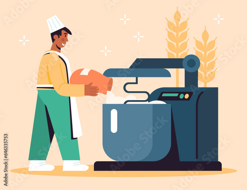 Man in apron pouring flour into dough machine. Bread baking industrial process concept. Modern manufacture with equipment. Vector Illustration in cartoon style
