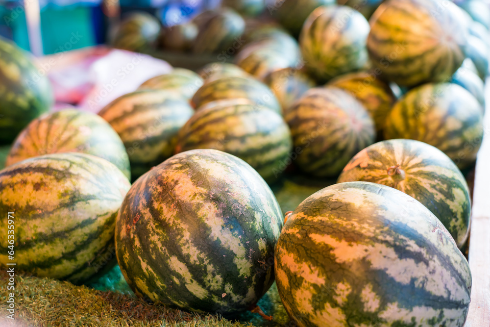 Farmer's sweet watermelons for sale on the market in Thailand