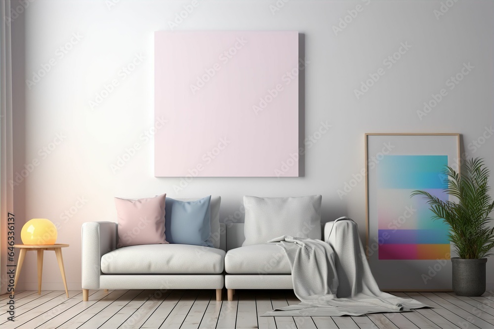 Fototapeta premium 白いボードが壁にかかっている洗練されたクリーンな部屋（絵画・額縁・メッセージボード）