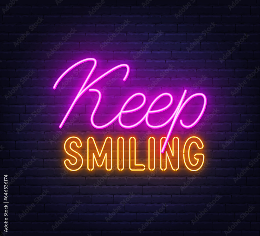 Keep Smiling neon lettering on brick wall background.