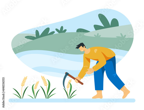 Young male worker with sickle mows rice plant on green plantation. Rice cultivation in Asia concept. Flat vector illustration in cartoon style in blue and green colors