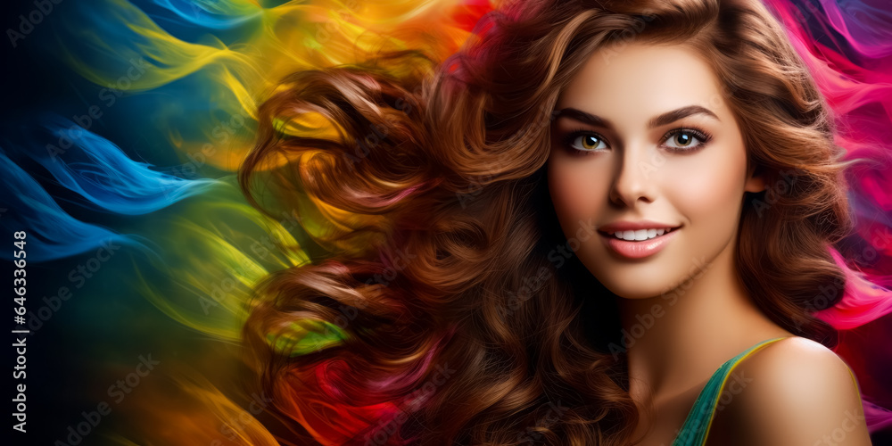 Obraz premium Brunette girl with long and shiny wavy hair on rainbow background. hairstyle, hair care concept