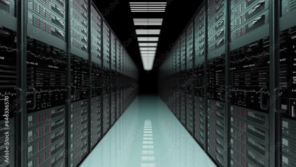 Server Racks.Network and data servers in Data Center with Sci Fi HUD elements. Data storage. Camera Flying through racks of network and information servers. Server Racks.Network and data servers in Data Center with Sci Fi HUD elements. Data storage. Camera Flying through racks of network and information servers.