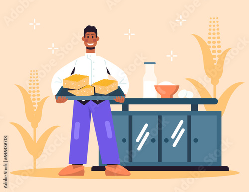 Man making bread from cornmeal. Mexican cooker holding fresh toasts. Modern manufacture with equipment. Bread baking process at home concept. Vector Illustration in cartoon style