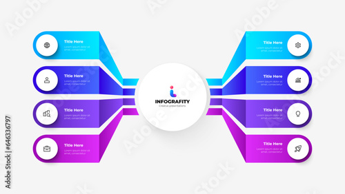 Vector flowchart infographic with central circle and 8 options. Structure vizualization