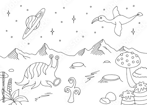 Animal on alien planet graphic black white space landscape sketch illustration vector