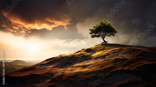 A single tree stands resilient against a striking sunset sky, offering a powerful image of solitude and the majesty of nature.