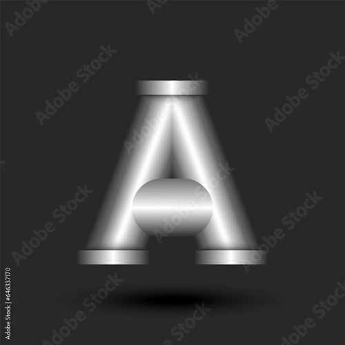 Initial A logo first letter of alphabet, line pipe 3d shape construction with metal flanges, silver gradient colored creative typography identity, industrial style logotype design.