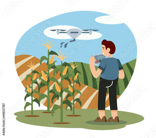 Young man holds remote control and controls drone, watering field with fertilizer. Corn cultivation process concept. Vector illustration in cartoon style in blue and green colors