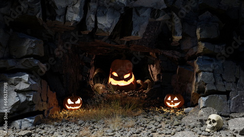 Scary big pumpkin monster in a cave inside a mountain  Halloween. 3d render