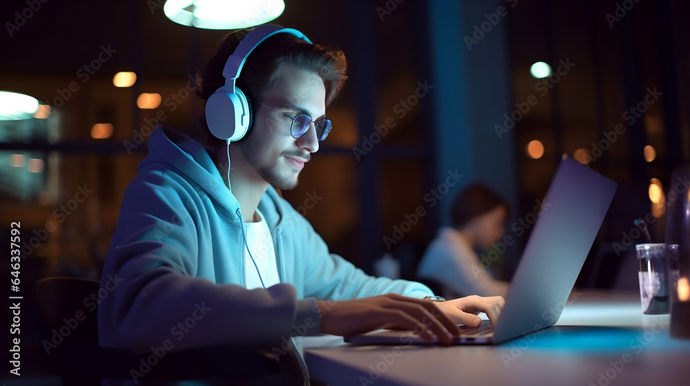 a man designer 20-30 years old sits and working at a laptop in the midnight with earphones,close up a man designer 20-30 years old sits and working at a laptop in the midnight with earphones,close up