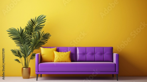  Purple colored couch in a yellow living room and plants,mock up,copy space © JuLady_studio