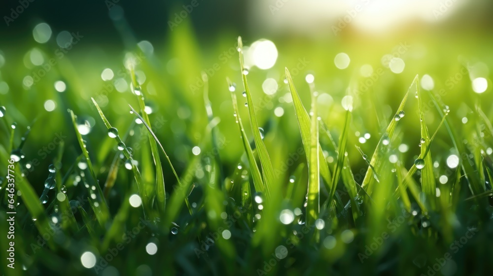 In bright summer spring morning sunlight, grass blades are close-up with dew drops. Beautiful wide format natural background macro image.