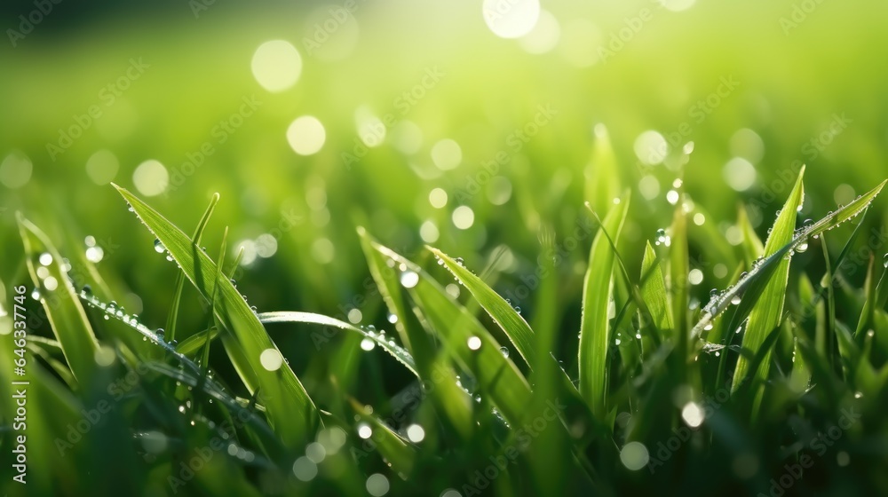 Fototapeta premium In bright summer spring morning sunlight, grass blades are close-up with dew drops. Beautiful wide format natural background macro image.
