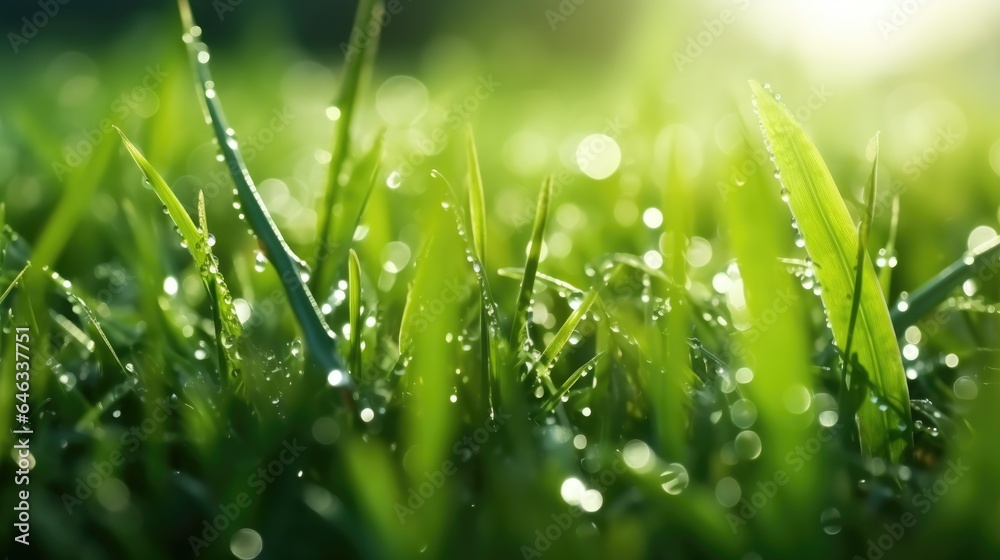 In bright summer spring morning sunlight, grass blades are close-up with dew drops. Beautiful wide format natural background macro image. In bright summer spring morning sunlight, grass blades are close-up with dew drops. Beautiful wide format natural background macro image.