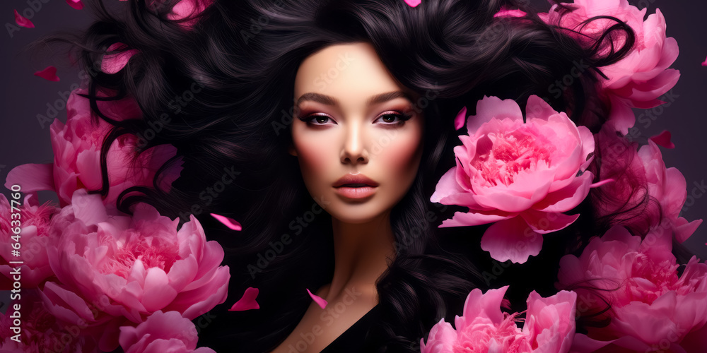 brunette with gorgeous voluminous long dense hair surrounded pionies. hair dye, hairstyle, haircare brunette with gorgeous voluminous long dense hair surrounded pionies. hair dye, hairstyle, haircare