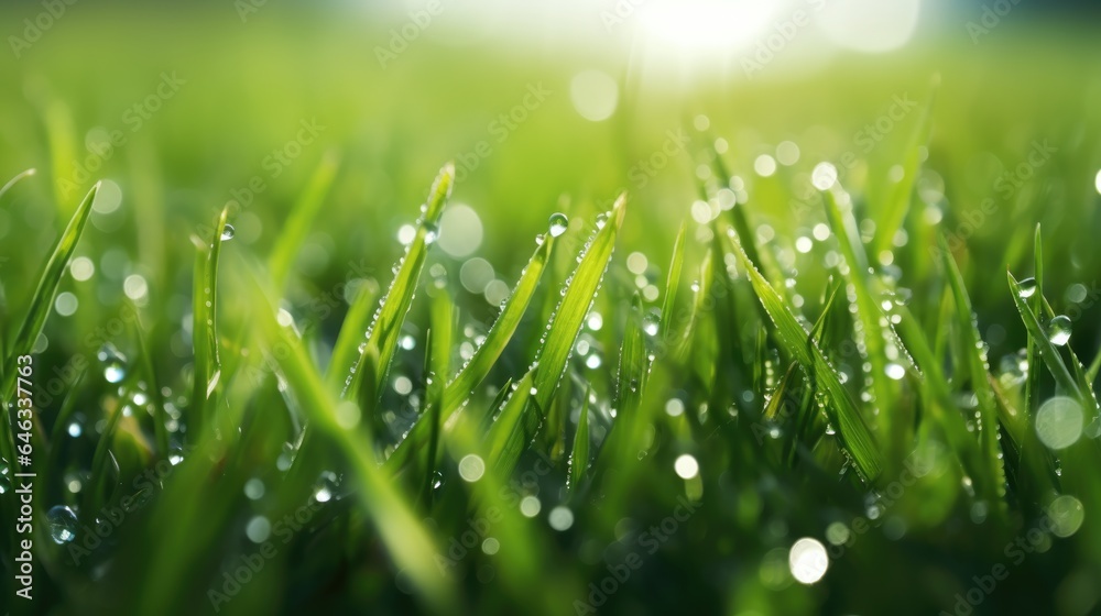 In bright summer spring morning sunlight, grass blades are close-up with dew drops. Beautiful wide format natural background macro image.