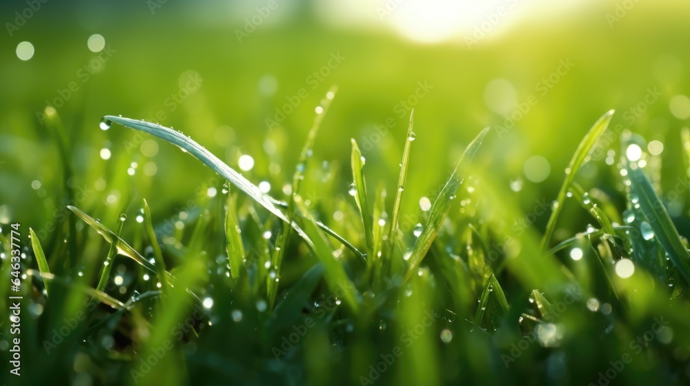 Fototapeta premium In bright summer spring morning sunlight, grass blades are close-up with dew drops. Beautiful wide format natural background macro image.