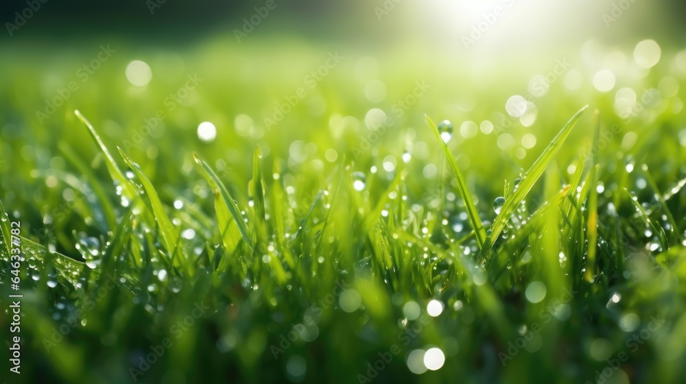 In bright summer spring morning sunlight, grass blades are close-up with dew drops. Beautiful wide format natural background macro image.